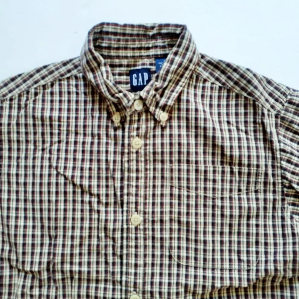 Gap Boys Shirt Button Down Red Tan Green Plaid Short Sleeve XS
